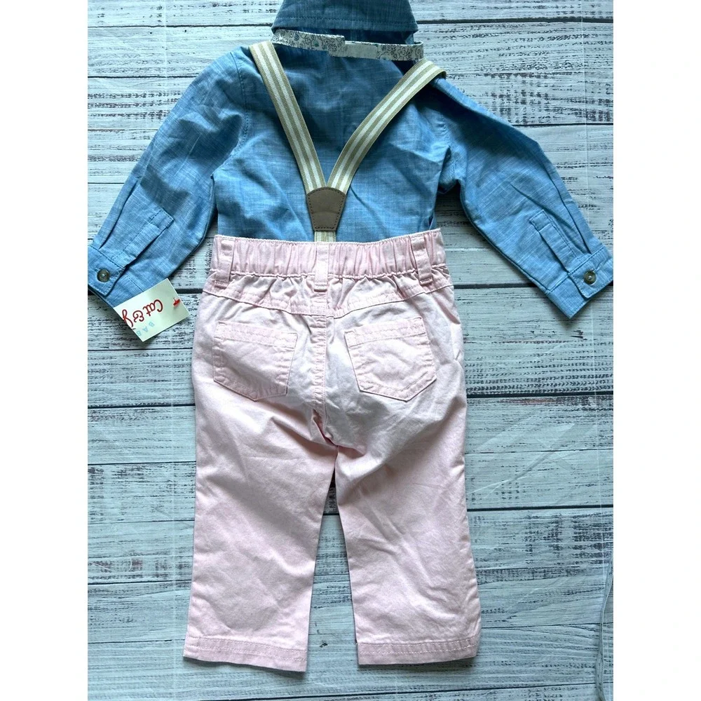 Cat & Jack Outfit Set Kids Blue‎ Pink Bodysuit Suspenders Bow Tie 6-9M